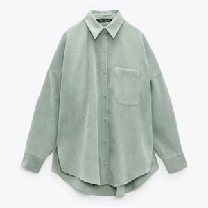 ZARA Fine Wales Corduroy Over Shirt Button Down Shacket Sea Green XS